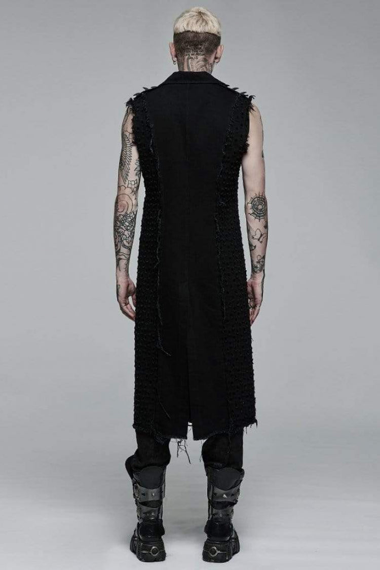 Black V Collar Sleeveless Ripped Mens Steampunk Long Vest - Product - 4