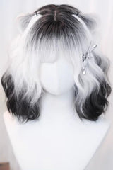 Ombre Airy Bangs with Curls Sweet Lolita Wig 3 Colors - Black/White - 1
