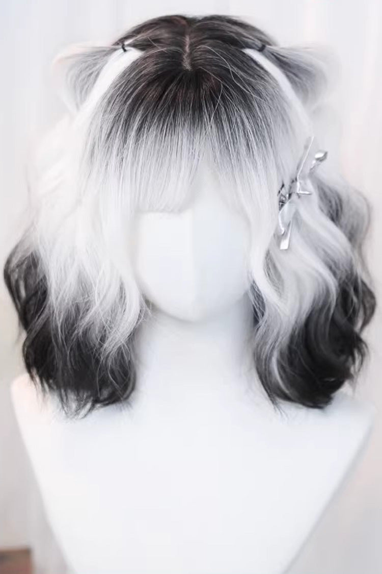 Ombre Airy Bangs with Curls Sweet Lolita Wig 3 Colors - Black/White - 1