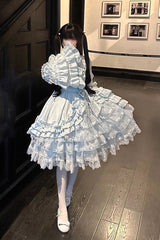 Blue [The Soloist Doll] Long Hime Sleeves Multi-Layered Print Ruffle Bowknot Asymmetric Sweet Lolita Dress - Product - 24