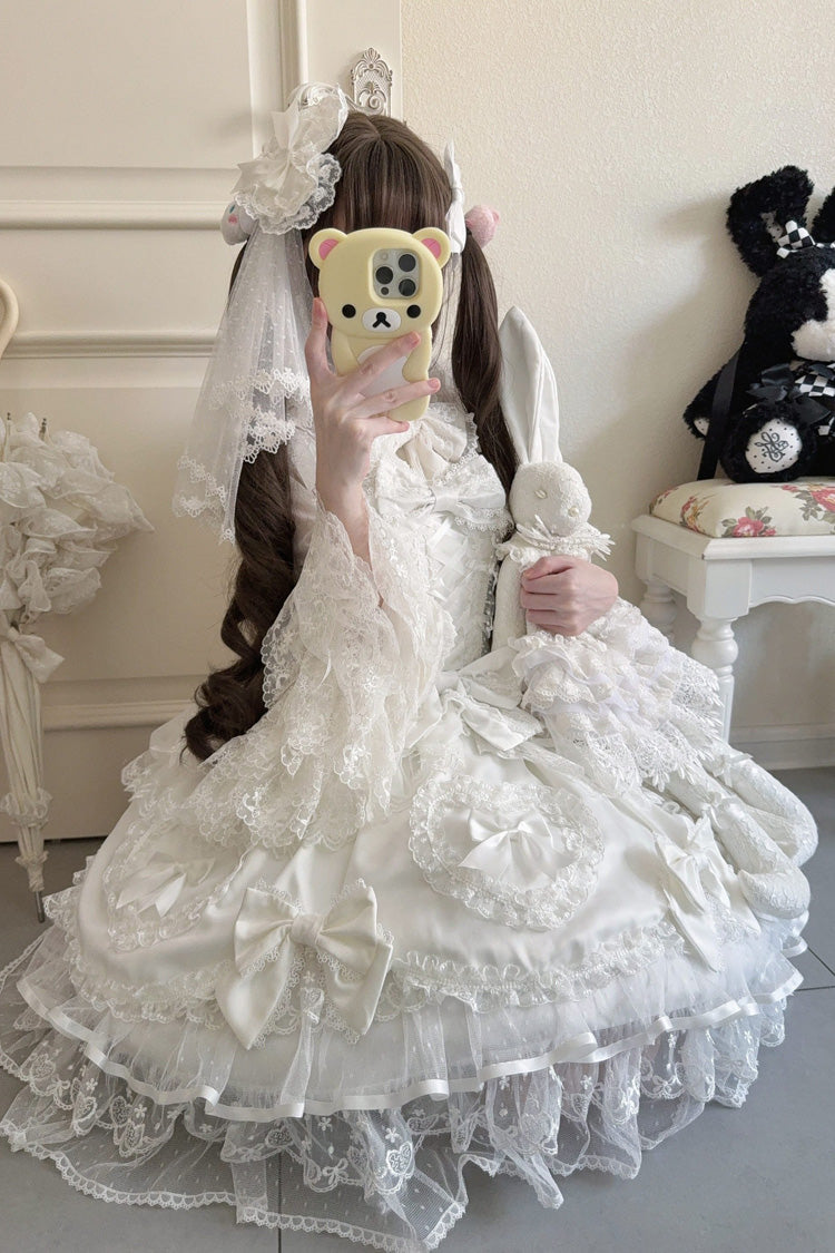 White [Sweetheart] Sleeveless Multi-Layered Embroidered Bow Lace Lace-Up Sweet Lolita Jsk Dress - Product - 7