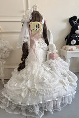 White [Sweetheart] Sleeveless Multi-Layered Embroidered Bow Lace Lace-Up Sweet Lolita Jsk Dress - Product - 7