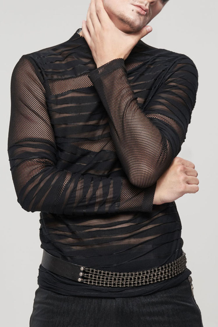 Black Gothic Bandage Design Net Yarn Perspective Men's Sweater - Black - 1