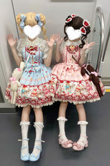 [Strawberry Cake Kitty] Sleeveless Printed Bow Lace Sweet Lolita Strap Dress 3 Colors - Product - 11