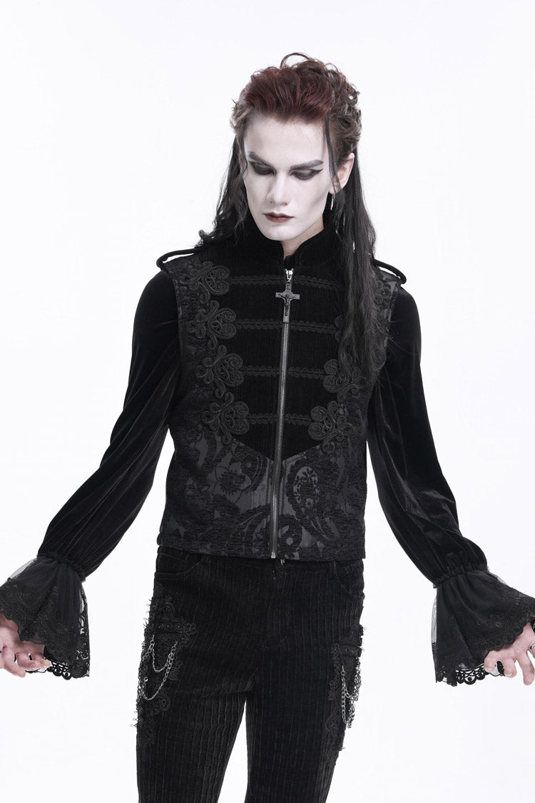 Black Stand Collar Sleeveless Floral Crochet Zipper Men's Gothic Vest - Product - 5
