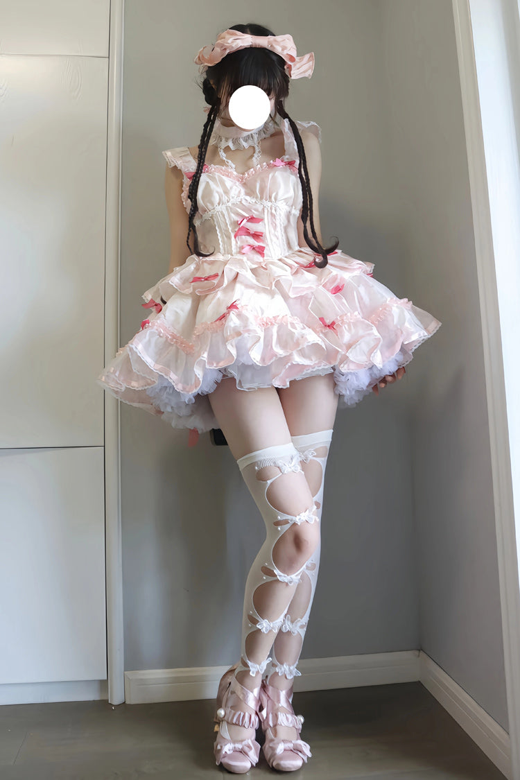 White/Pink Multi-layer Ruffle Ballet Bowknot Sweet Lolita Jsk Dress - White/Pink - 1