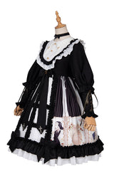 Black/White Dark Gold Hymn Bowknot Square Collar Long Sleeves Cardigan Ruffled Gothic Lolita OP Dress - Product - 6