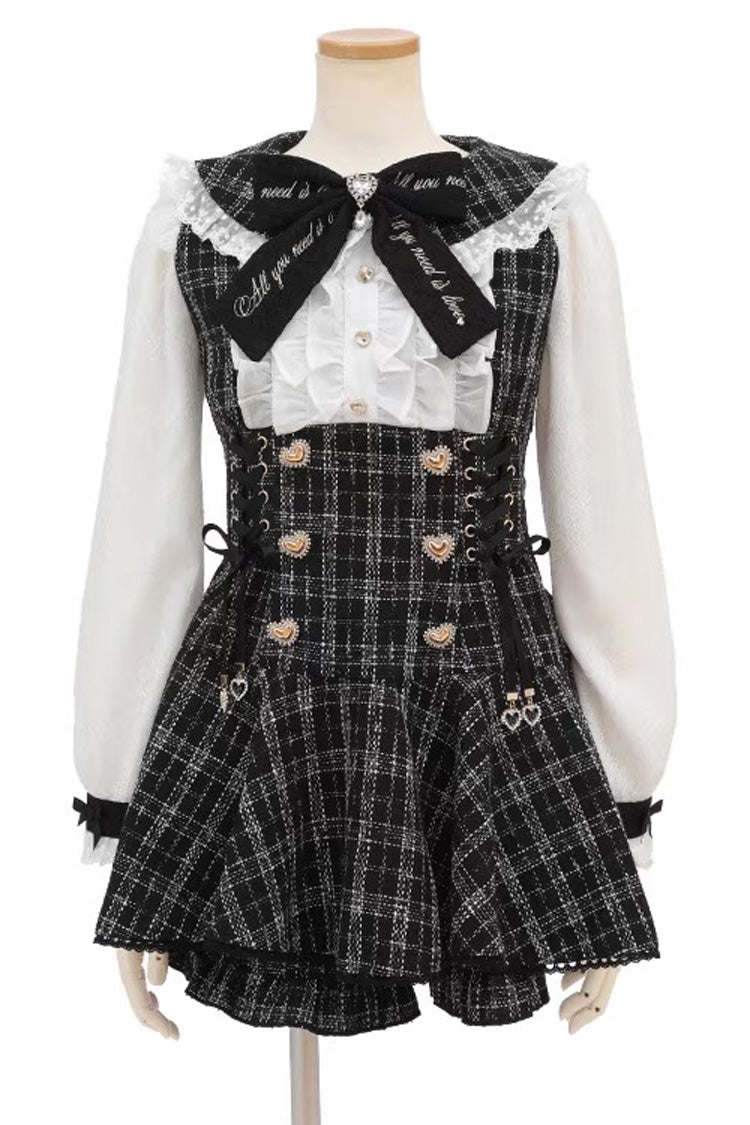 Black/White Japanese Lace Sweet Jirai Kei Dress Blouse Shorts Set - Black/White - 2