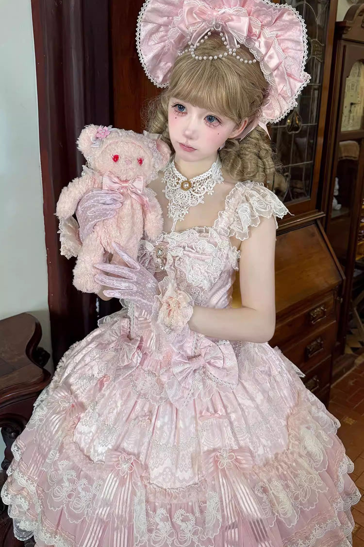 Pink [Moonlit Sakura Ode] Sleeveless Multi-Layered Ruffled Bow Lace Sweet Lolita Dress - Product - 2