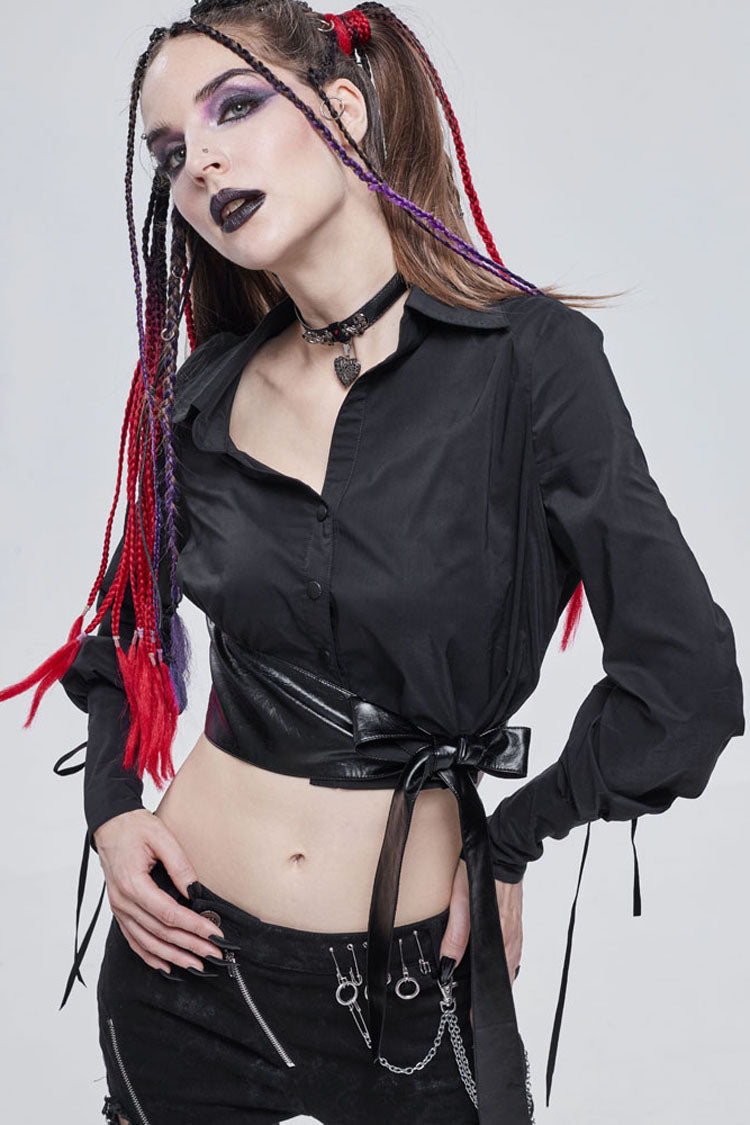 Black Punk Asymmetrical Neckline Buttonhole Cuffs With Cord Design Cropped Thin Texture Long Sleeve Women's Shirt - Product - 4