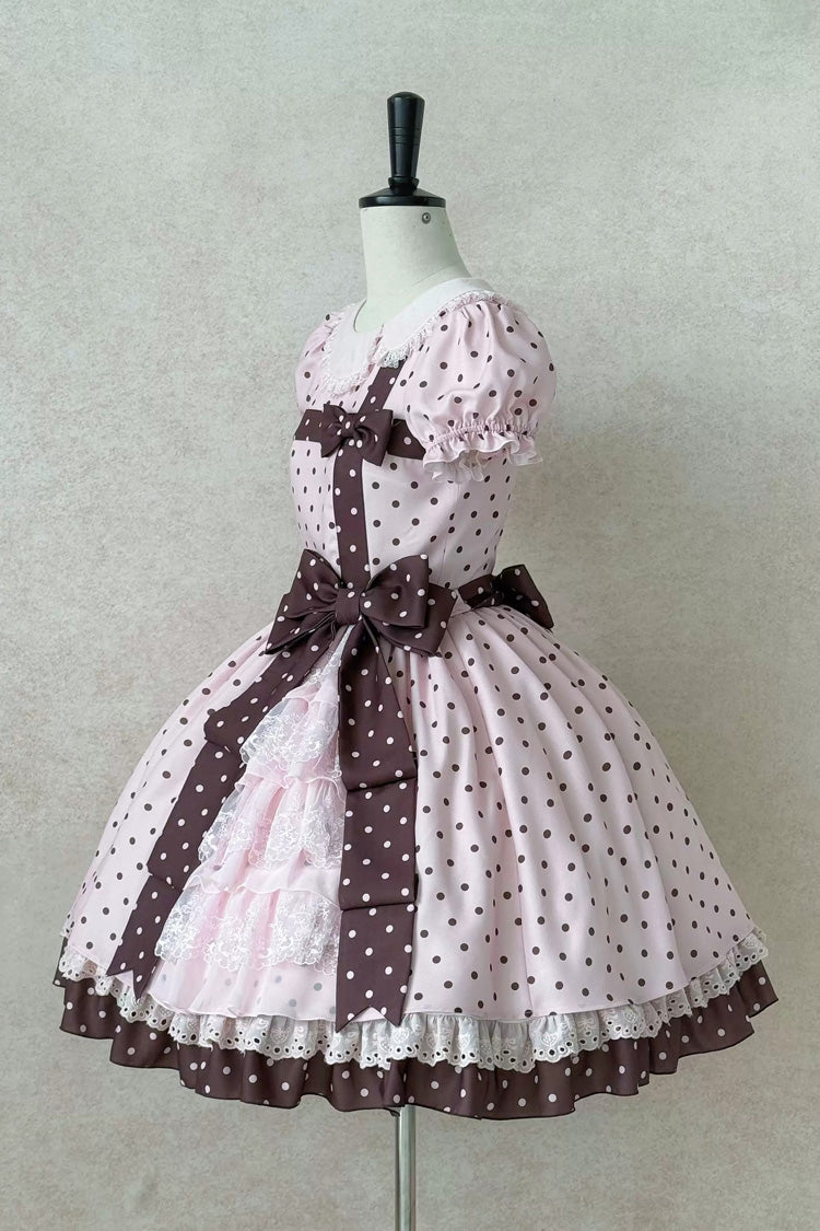 Pink [Canelé Gift Box] Round Collar Short Sleeves Double-Layered Printed Polka Dot Ruffled Open-Front Bow Asymmetric Sweet Lolita Dress Version 2 - Product - 2