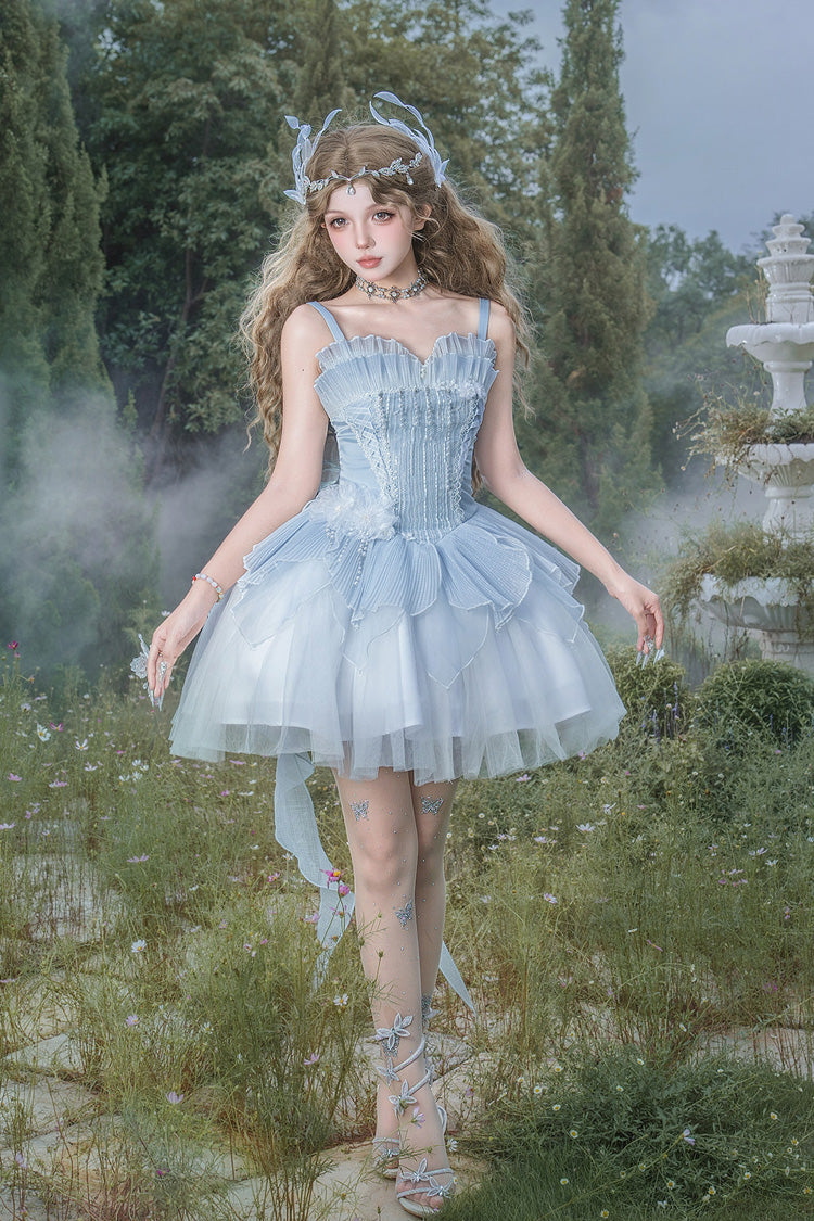 Blue [Spirit in the Mist] Square Collar Sleeveless Ruffled Pearl Detail Sweet Elegant Lolita Jsk Dress - Product - 13