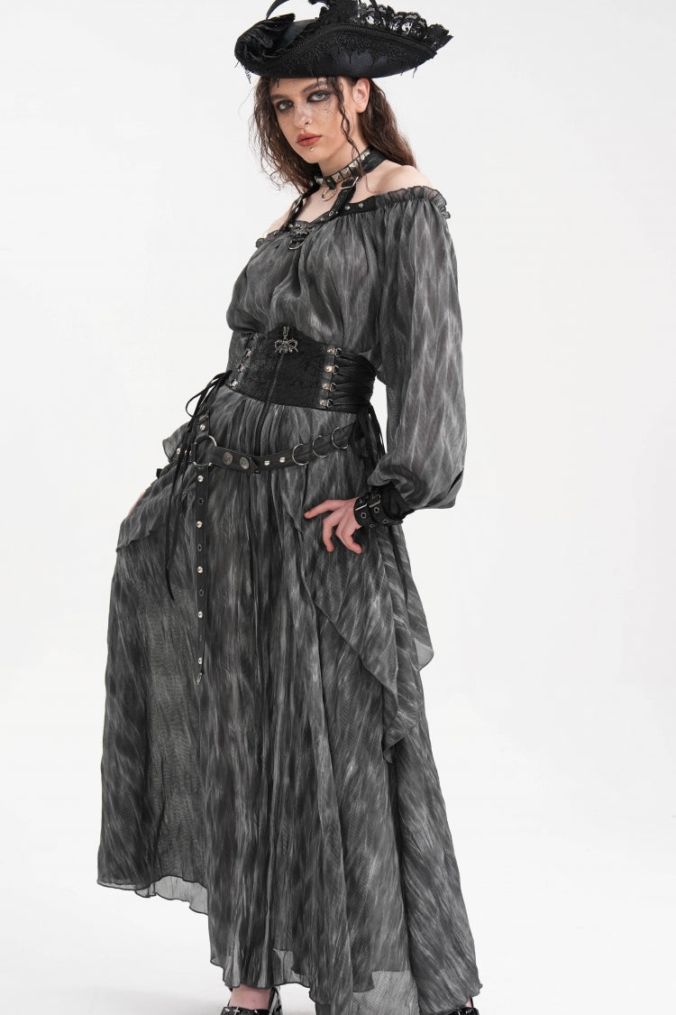Grey Buckle-up Halterneck Long Sleeves Women's Gothic Blouse - Product - 2