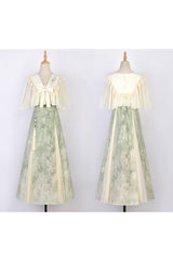 Green/Apricot [Green Grapes] High Waisted Printed Women's Daily Sweet Hanfu Dress Set - Product - 9