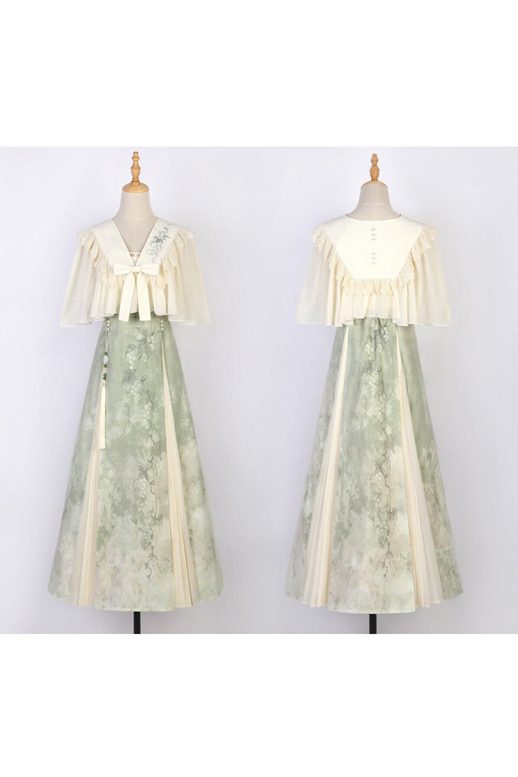 Green/Apricot [Green Grapes] High Waisted Printed Women's Daily Sweet Hanfu Dress Set - Product - 9