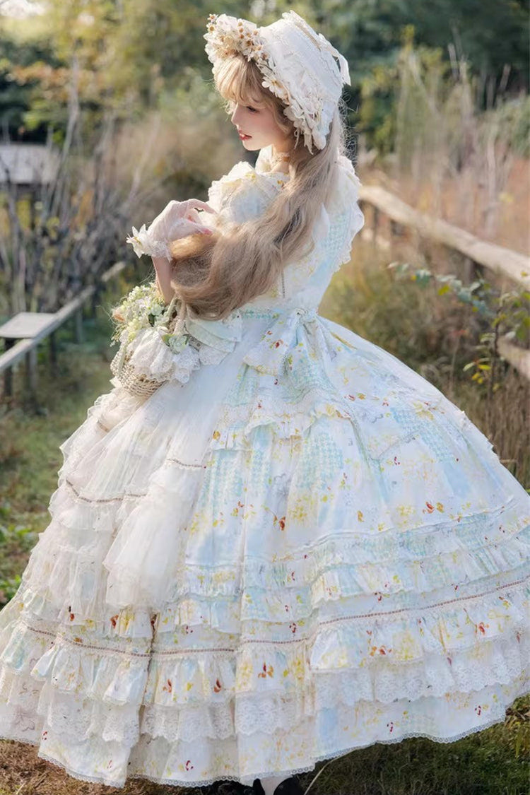 Green [Little Daisy] Lapel Collar Half Sleeves Multi-Layered Printed Bow Lace Princess Gorgeous Plus Size Sweet Lolita Dress - Product - 10