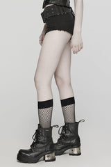 Black Denim Slim Buckle Eyelets Women's Steampunk Shorts - Product - 2