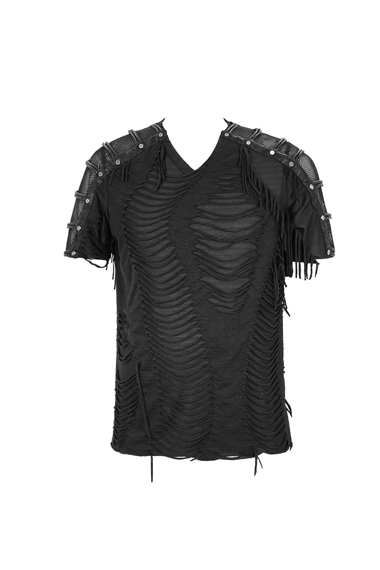 Black Tattered Striped Shoulder Splice Mesh Short Sleeve Men's Punk T-Shirt - Product - 6