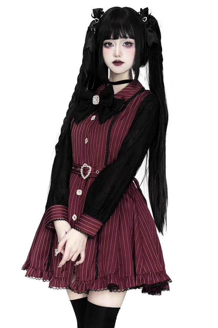 Red Long Sleeves Stripe Print Removable Cape Ruffle Lace Gothic Jirai Kei Elegant Dress - Product - 3