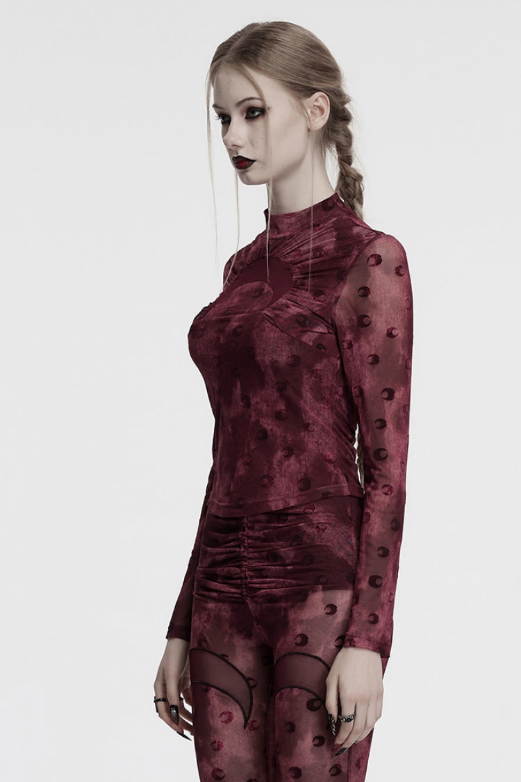 Red Moon Print Mesh Ruched Women's Gothic Blouse - Product - 3