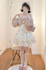 Pink Oblique Shoulder Print Ruffle Bowknot Lace Sweet Lolita Jsk Dress Set - Product - 3