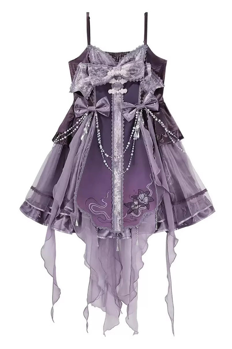 Purple Stand Collar Embroidered Pearl-Decorated Gothic Lolita Jsk Dress Set - Dress(Only) - 10