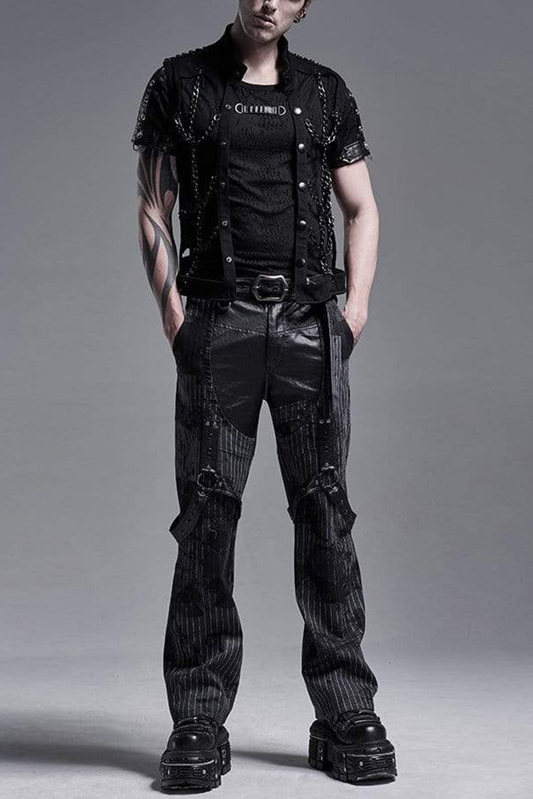 Black Stand Collar Single-breasted Metal Rivet Chain Decoration Hollow Mens Steampunk Vest - Black - 1