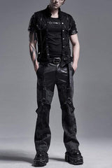 Black Stand Collar Single-breasted Metal Rivet Chain Decoration Hollow Mens Steampunk Vest - Black - 1