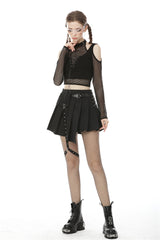 Black Off Shoulder Long Sleeves Lace-Up Chest Straps Sheer Mesh Women's Punk Top - Product - 7