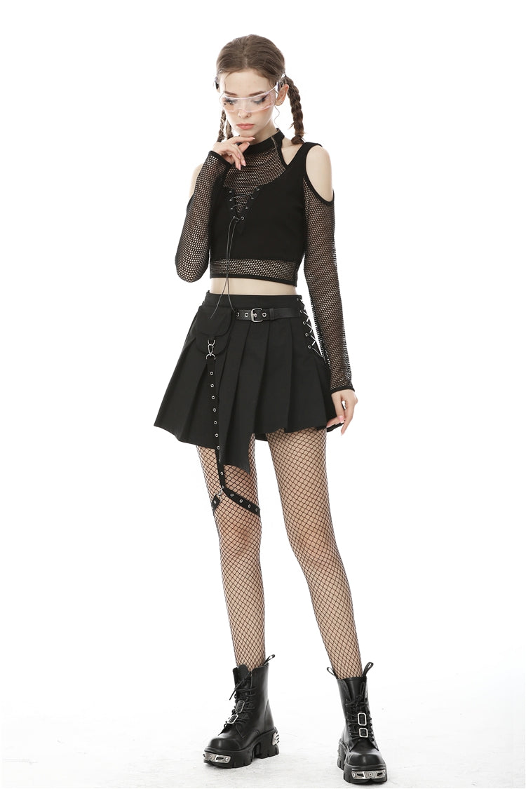 Black Off Shoulder Long Sleeves Lace-Up Chest Straps Sheer Mesh Women's Punk Top - Product - 7