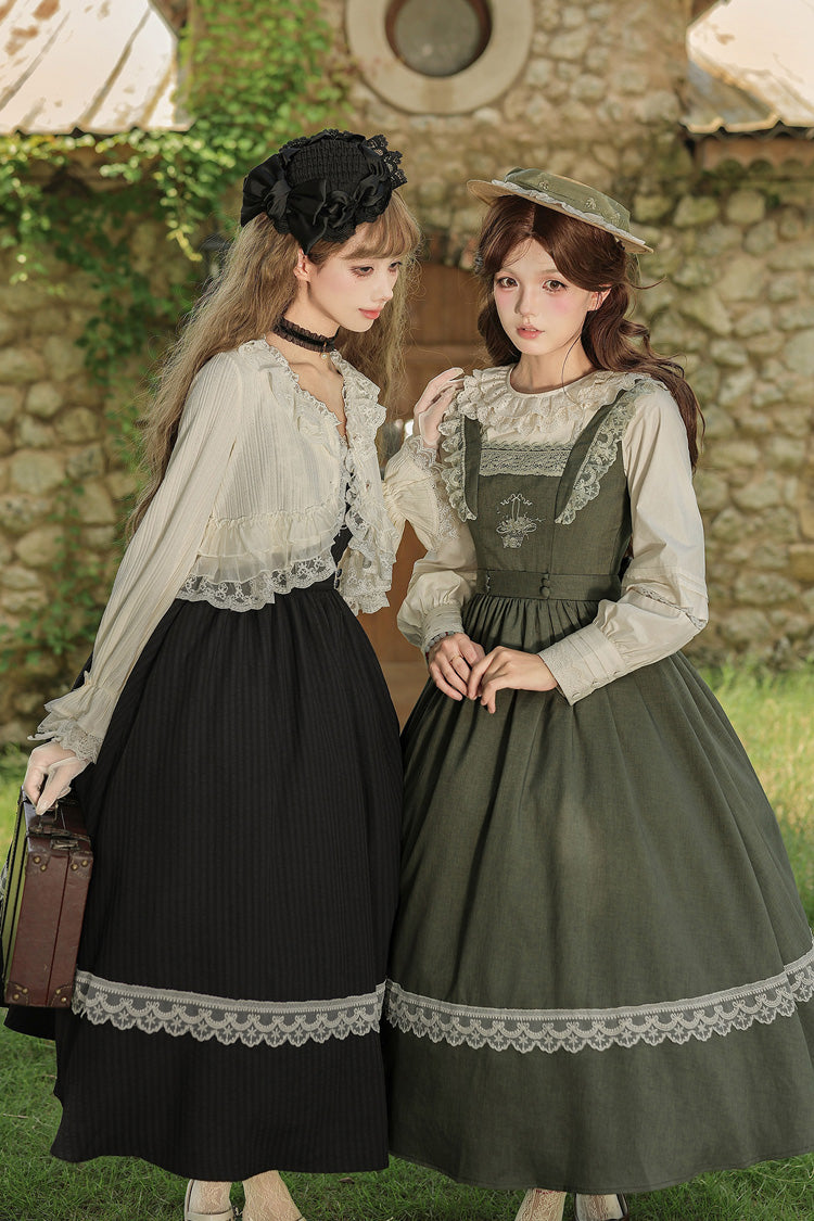 [The Oak Tree in the Wind] Square Collar Sleeveless Jacquard Embroidered Lace Classic Elegant Lolita Jsk Dress 2 Colors (Black, Green) - Product - 6