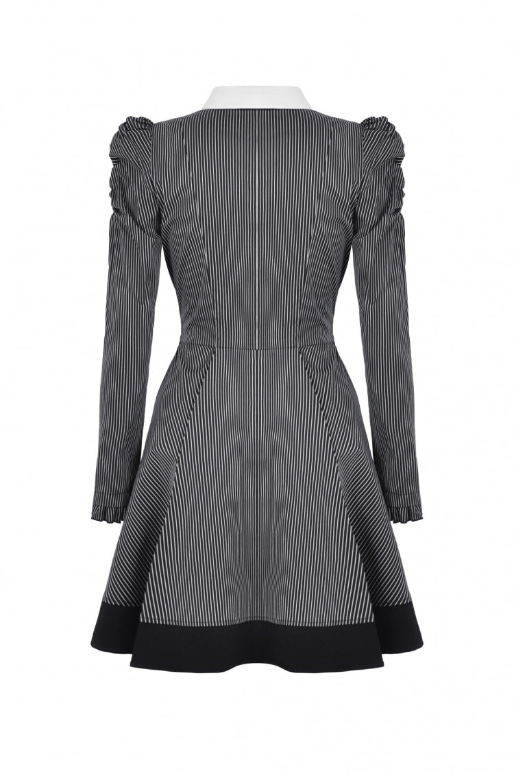 Black/White Lapel Collar Long Puff Sleeves Women's Gothic Striped Preppy Style Dress - Product - 14