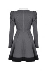 Black/White Lapel Collar Long Puff Sleeves Women's Gothic Striped Preppy Style Dress - Product - 14
