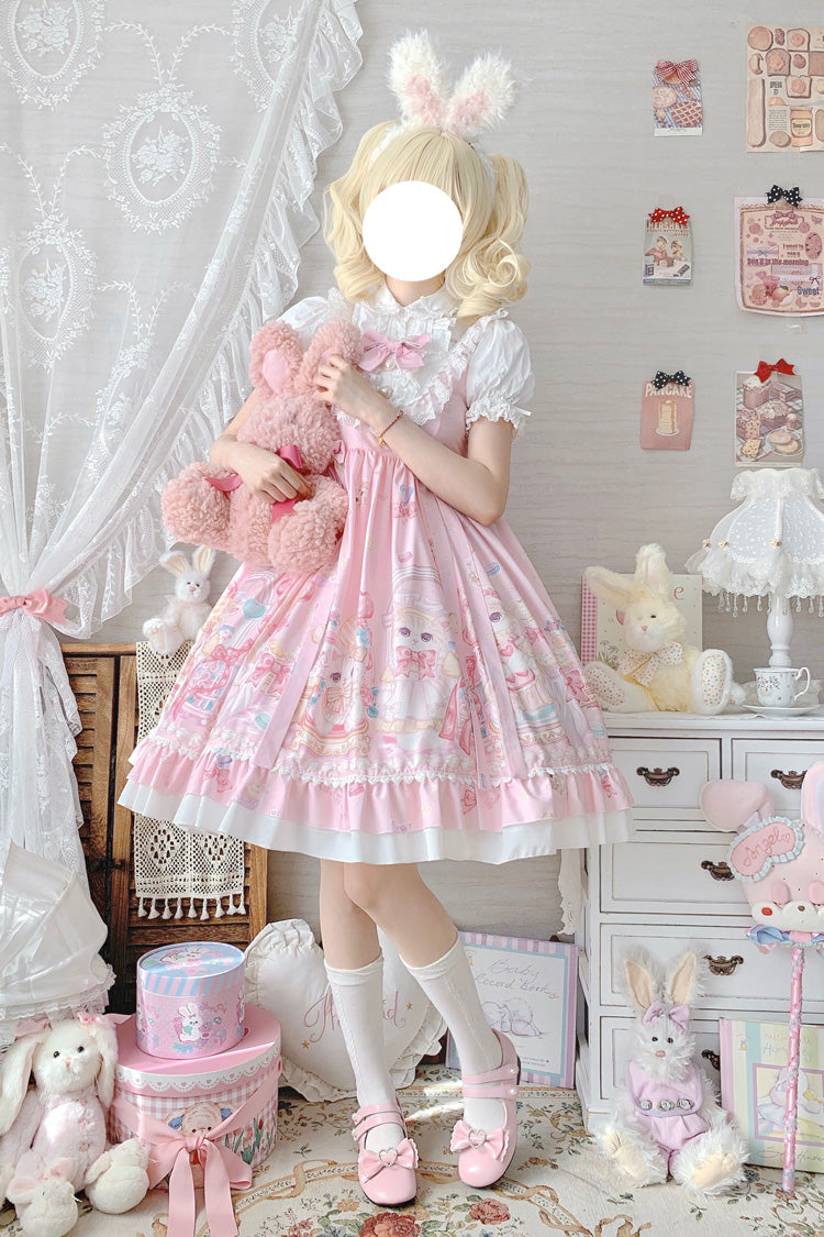 Pink Cute Cat Print High Waisted Ruffle Bowknot Sweet Princess Lolita JSK Dress - Product - 4