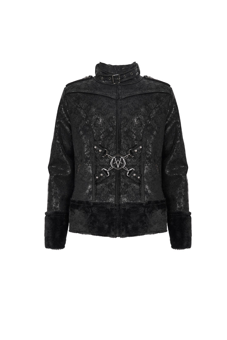 Black Five Pointed Star Decoration Retro Suede Short Plush Men's Punk Coat - Product - 6