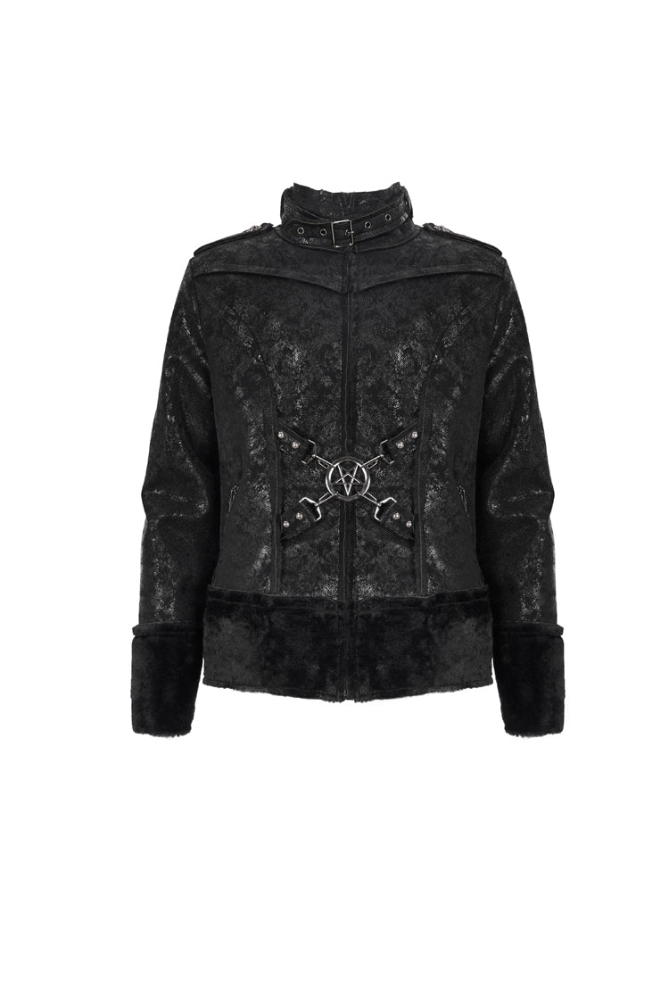 Black Five Pointed Star Decoration Retro Suede Short Plush Men's Punk Coat - Product - 6