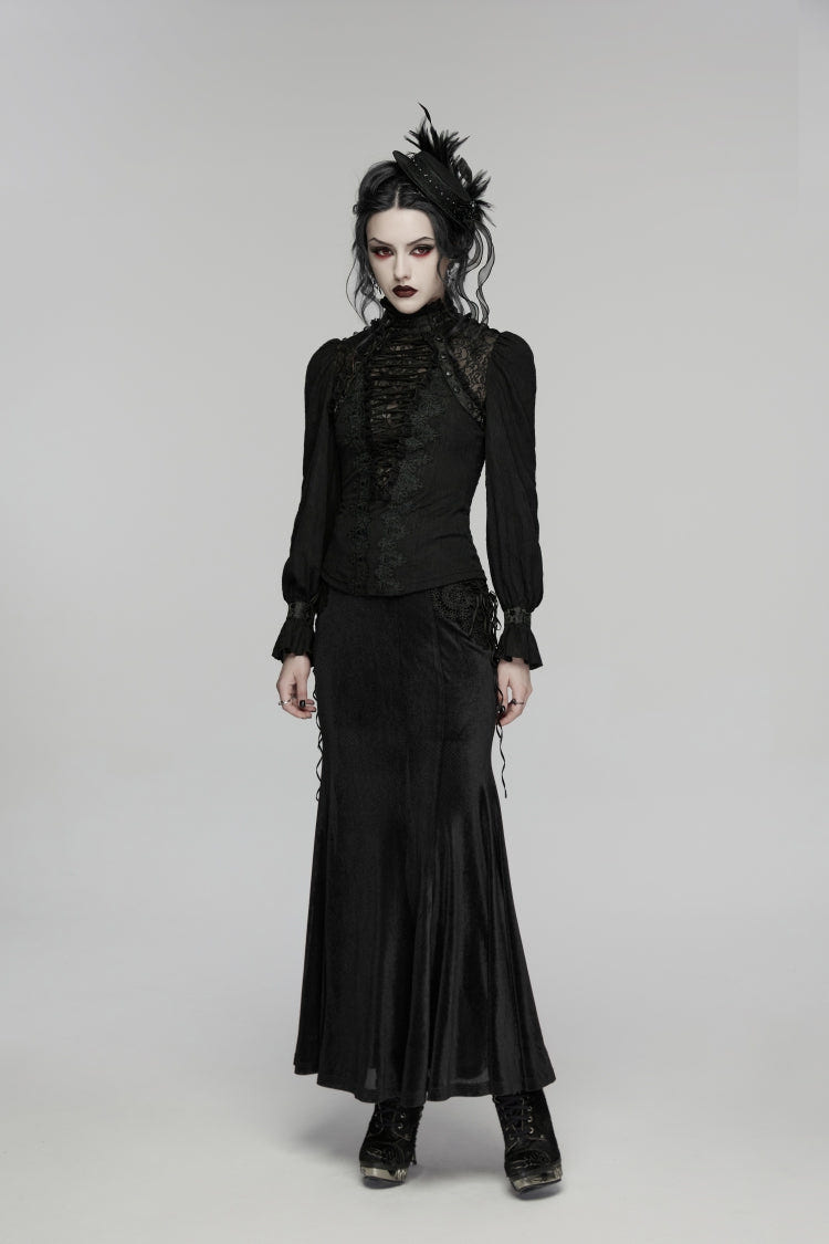 Black Stand Collar Long Sleeves Lace Lace-Up Slim Women's Gothic Blouse - Product - 6