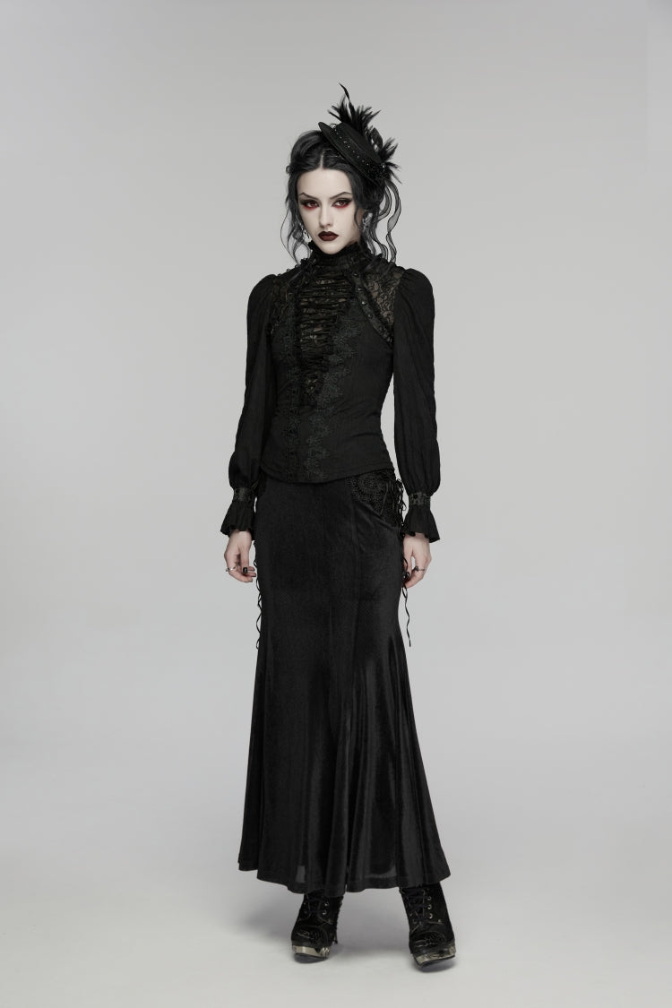 Black Stand Collar Long Sleeves Lace Lace-Up Slim Women's Gothic Blouse - Product - 6