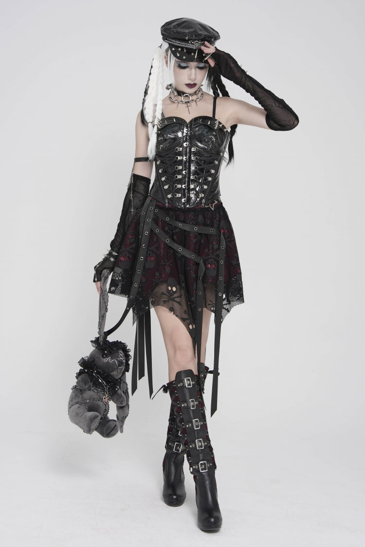 Black/Red Double-Layered Lace Lace-Up Irregular Mesh Eyelet Women's Punk Skirt - Product - 4