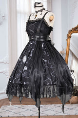 Dark Blue Vampire Diaries Theme Bowknot Ruffled Gothic Lolita JSK Dress Full Set - Product - 6