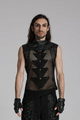 Black Stand Collar Sleeveless Mesh Triangle Eyelets Men's Punk Vest - Black - 1