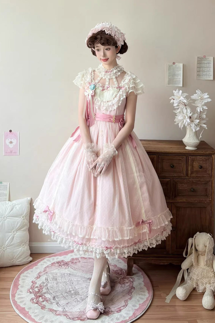 Pink [Sakura’s Spring Resonance] Sleeveless Ruffled Bow Sweet Lolita Jsk Dress (Long Version) - Product - 2