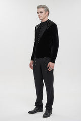 Black Round Collar Long Sleeves Stripes Splice Velvet Men's Gothic Shirt - Product - 5