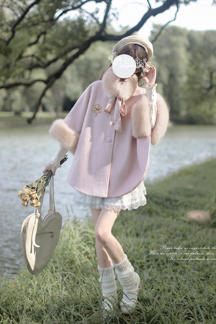Pink Long Sleeves Lace Sweet Japanese Lolita Fluffy Cloak Coat - Product - 6
