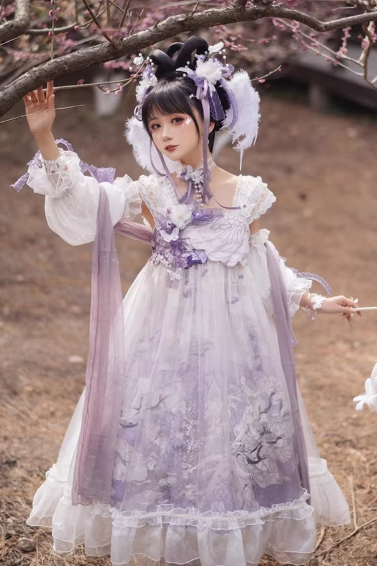 White/Purple Square Collar High Waisted Printed Ruffled Lace Pearl-Decorated Sweet Chinese Style Lolita Jsk Dress - Product - 6