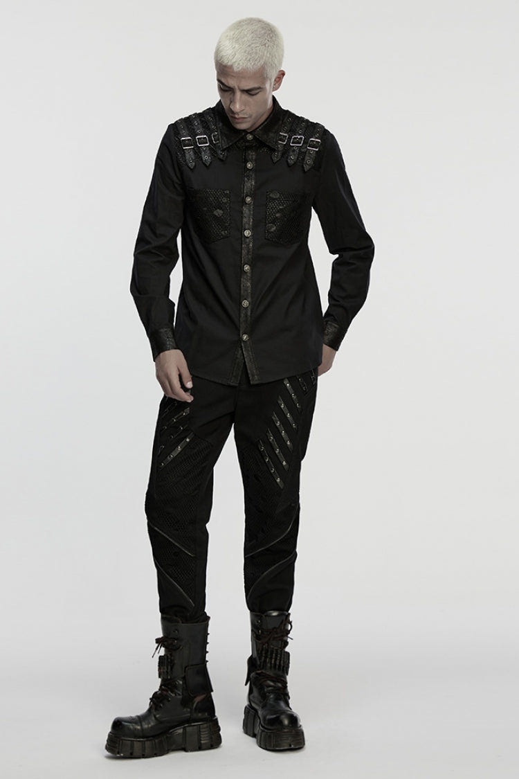 Black Lapel Collar Long Sleeves Stitching Buckle Straps Men's Punk Blouse - Product - 4