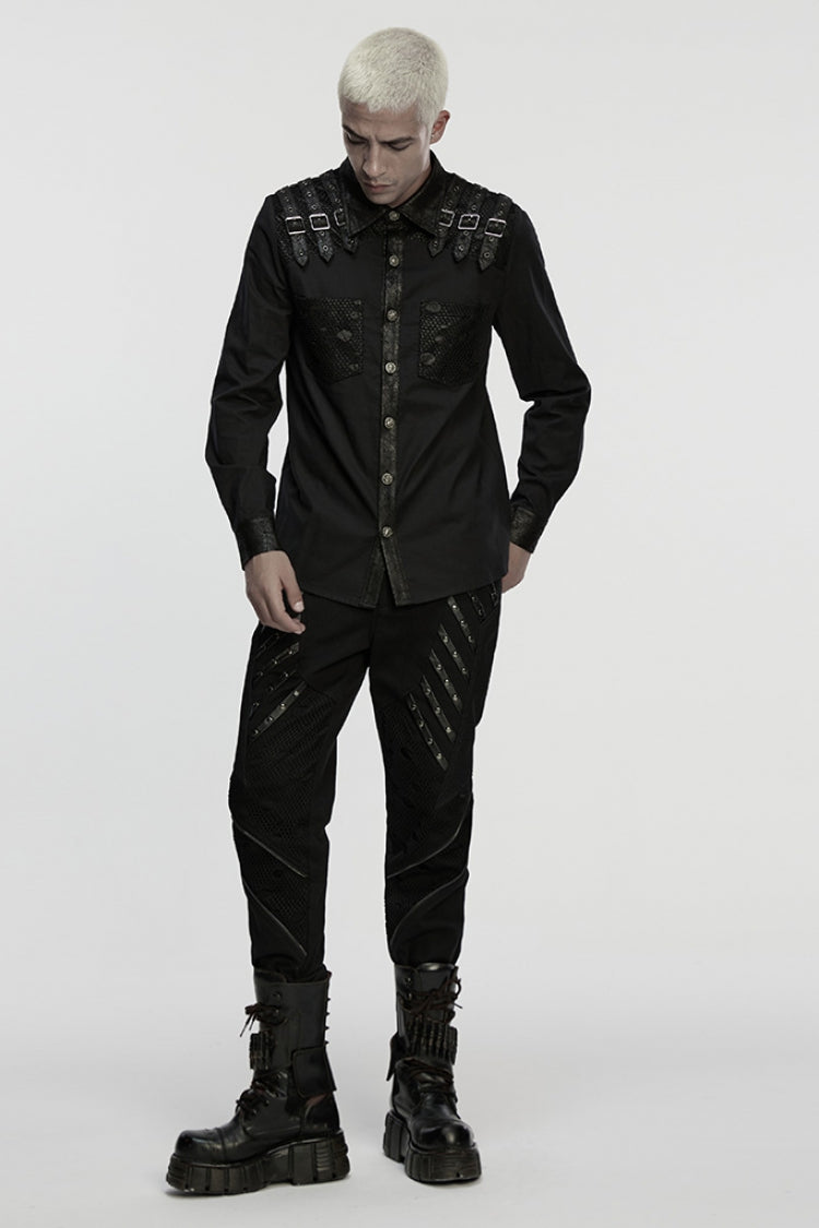 Black Lapel Collar Long Sleeves Stitching Buckle Straps Men's Punk Blouse - Product - 4