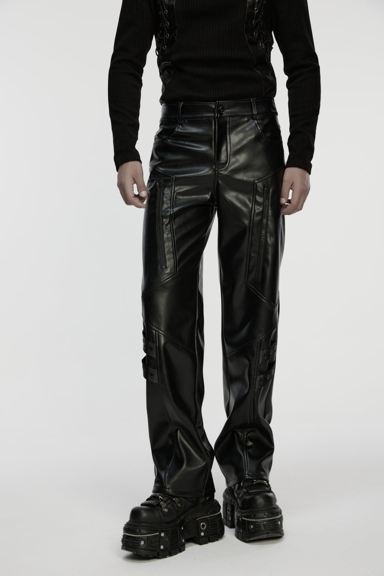 Black Zippered Eyelet Men's Punk Faux Leather Pants - Product - 5