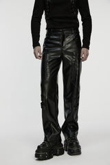 Black Zippered Eyelet Men's Punk Faux Leather Pants - Product - 5