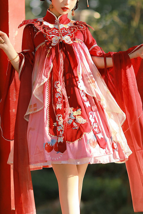 Red Original Strawberry Printed Chinese Embroidered Fake Collar Shawl Sweet Lolita Dress Full Set - Red - 1